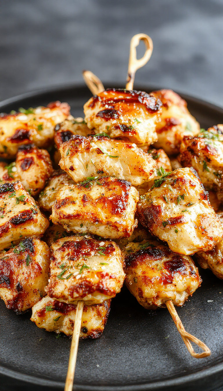 Golden Garlic Parmesan Chicken Skewers sizzling on a barbecue grill, garnished with fresh herbs and parmesan cheese.