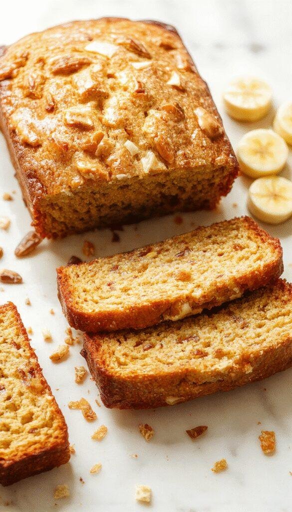 A slices of golden honey vanilla banana bread on a wooden platter, garnished with banana slices and a drizzle of honey, exuding warmth and comfort.