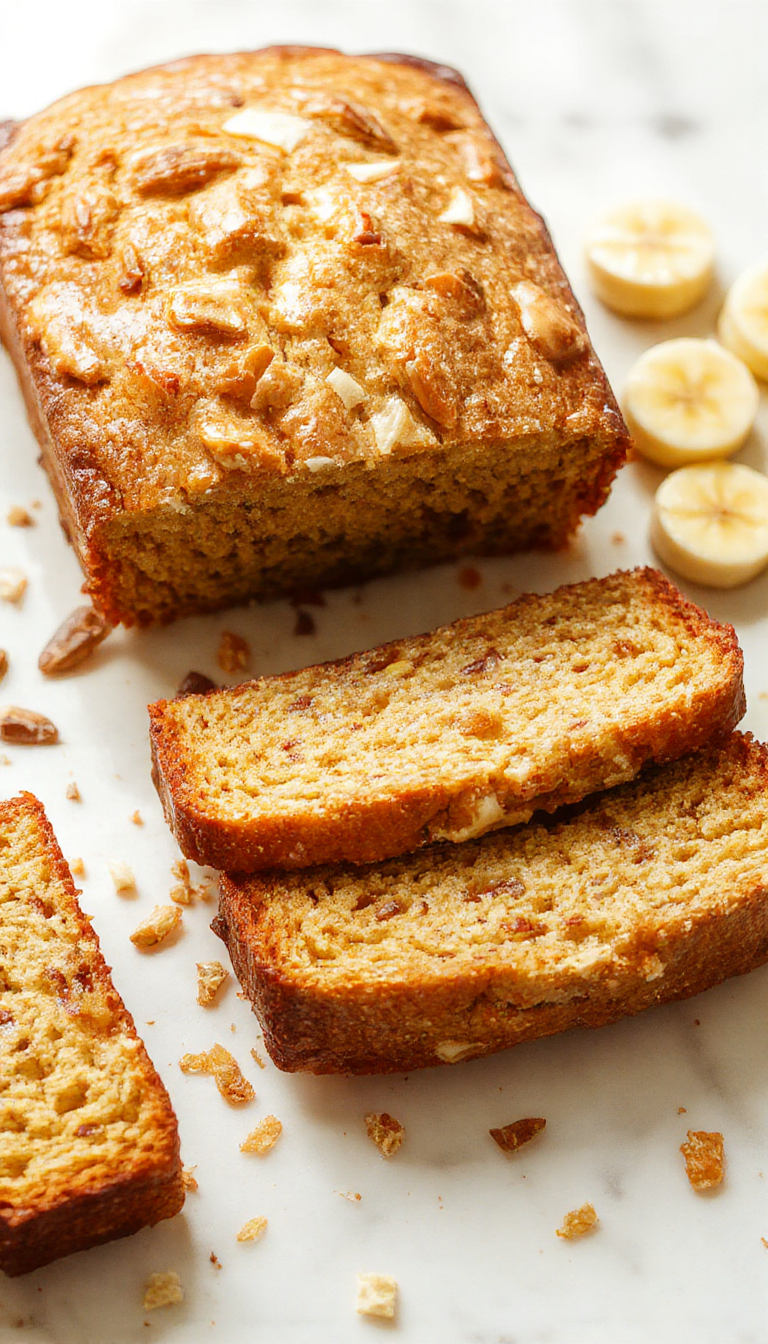 A slices of golden honey vanilla banana bread on a wooden platter, garnished with banana slices and a drizzle of honey, exuding warmth and comfort.
