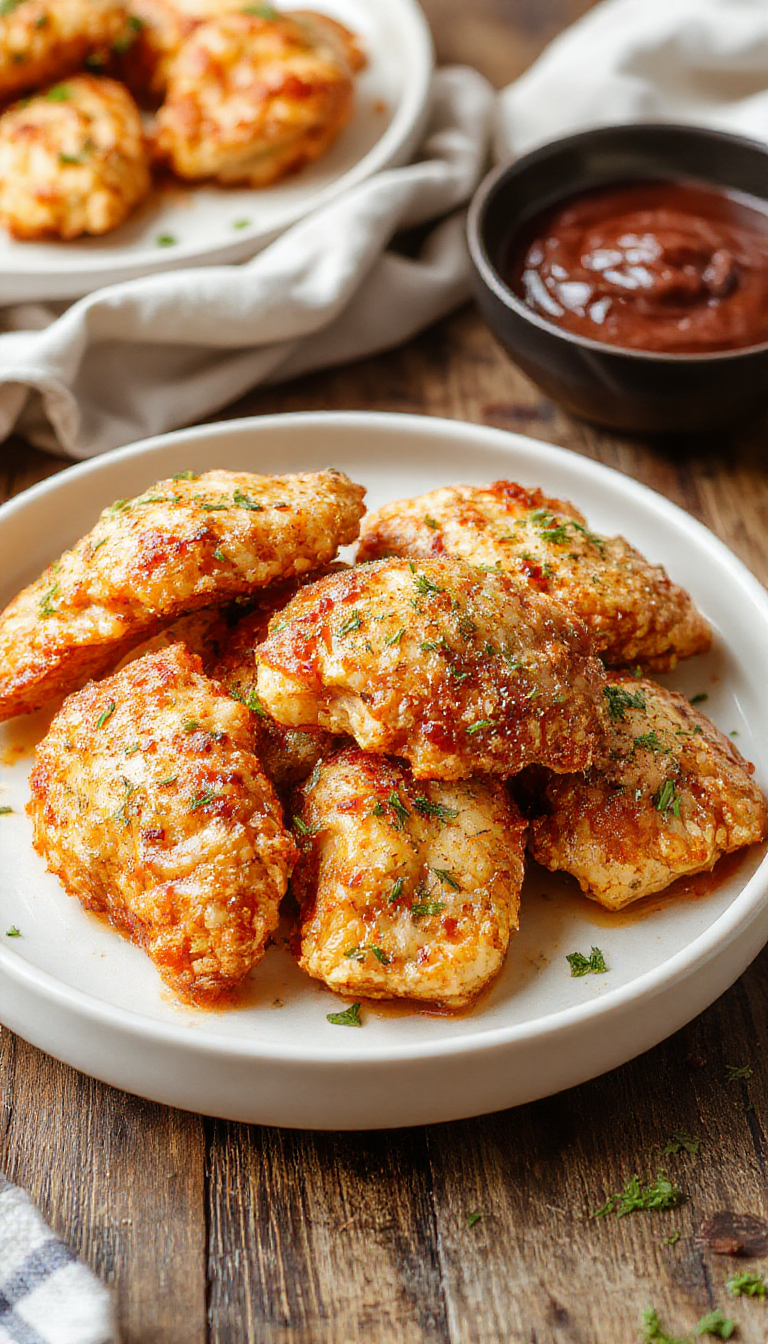 Golden oven-baked chicken tenders crispy and golden on a plate, garnished with fresh herbs.