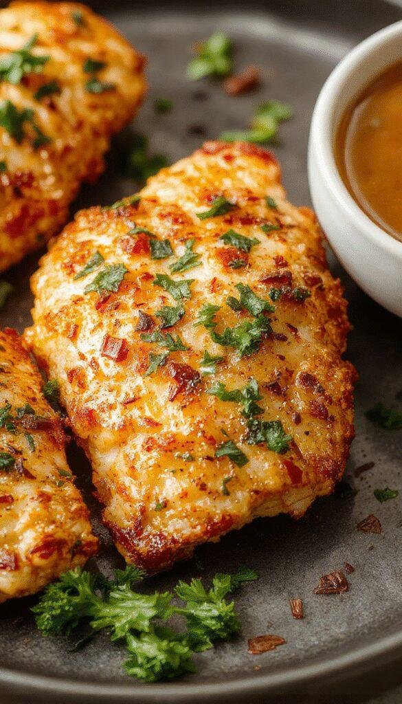 Golden oven-crisped chicken strips arranged on a plate with crispy exterior and tender inside, garnished with herbs.