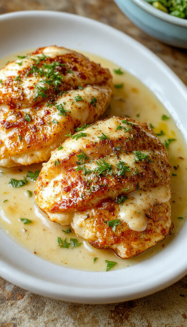 Golden Parmesan Chicken served with a creamy garlic sauce on a stylish plate garnished with herbs.