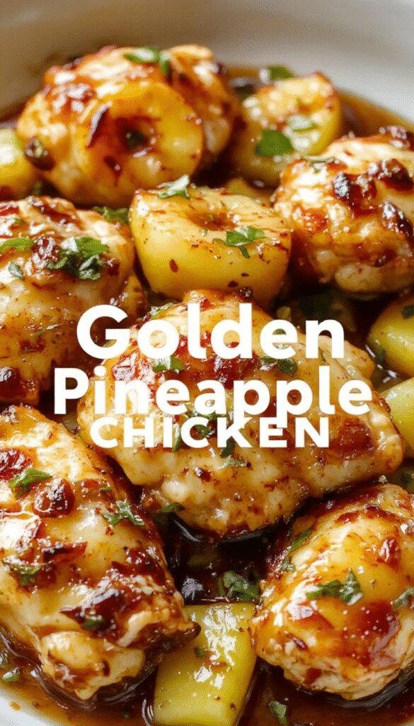 Golden Pineapple Chicken served on a plate garnished with pineapple slices and fresh herbs, showcasing a glossy, caramelized glaze.