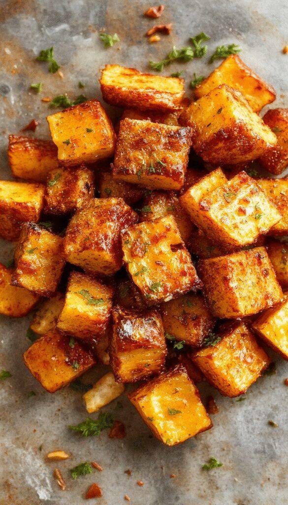Golden crispy sweet potato fries arranged on a rustic wooden board with herbs sprinkled on top