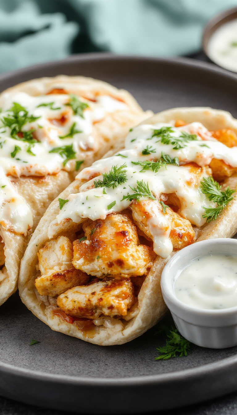 A delicious Greek Gyro Bliss plate featuring grilled chicken slices, fresh feta cheese, creamy tzatziki sauce, crispy pita bread, and vibrant vegetables arranged beautifully.