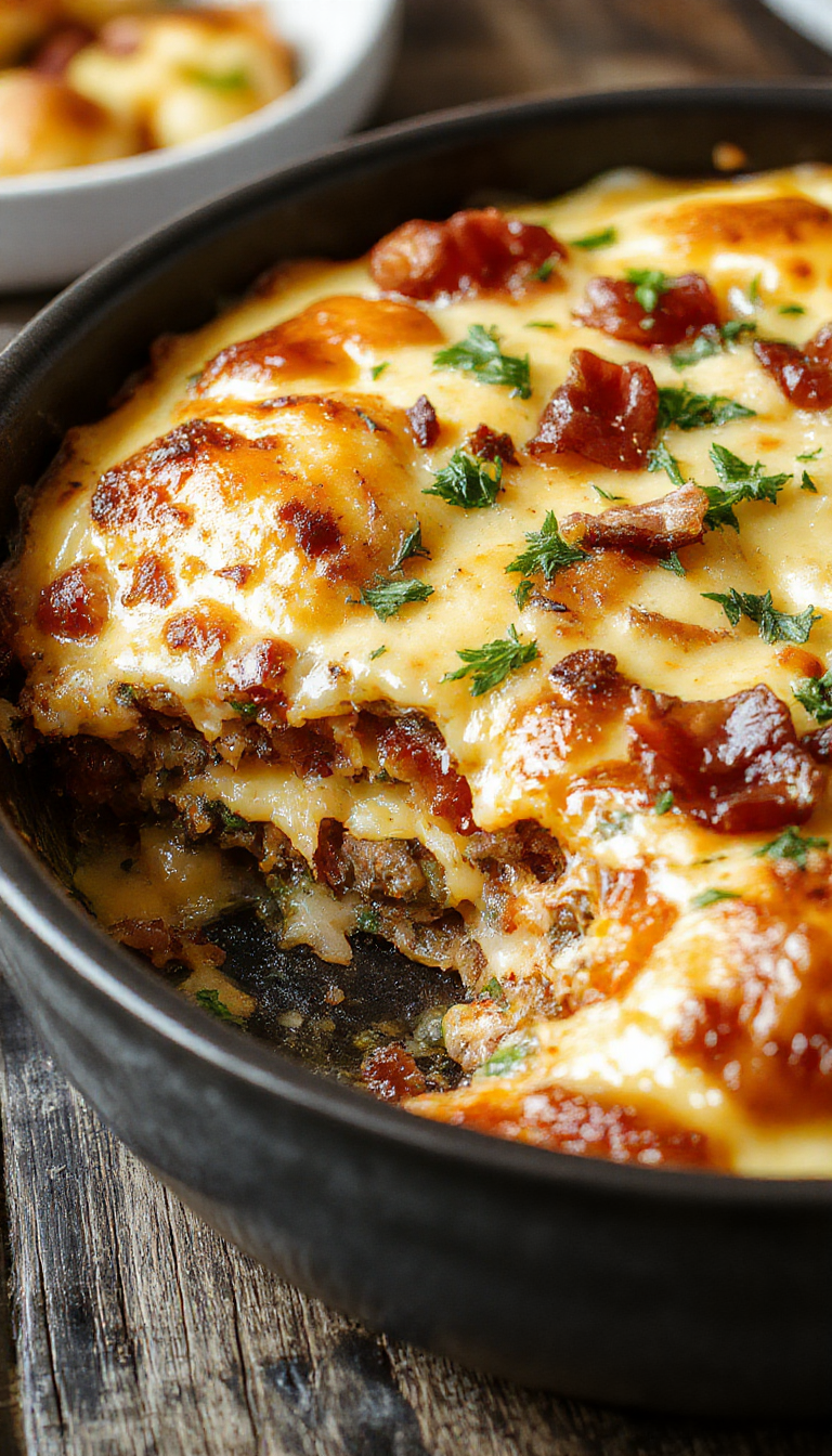 A delicious guilt-free bacon cheeseburger bake served in a baking dish, topped with melted cheese and crispy bacon, garnished with fresh herbs.