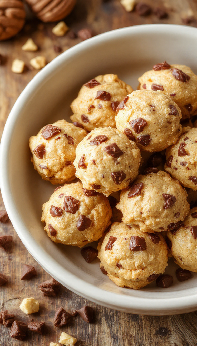 Close-up of guilt-free no-bake cookie dough delights styled on a rustic plate with fresh ingredients around.