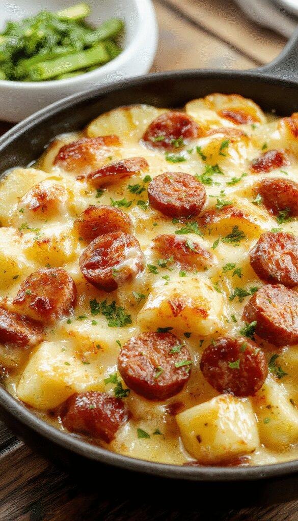 A baked dish featuring golden potatoes, slices of smoky sausage, melted cheese, and fresh herbs garnished on top.