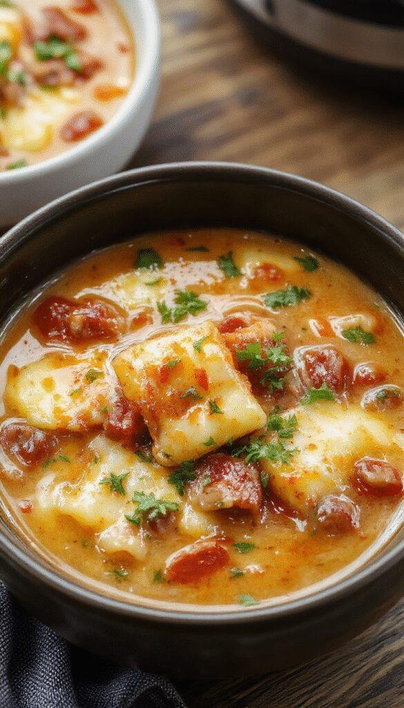 A steaming bowl of Hearty Slow Cooker Lasagna Soup topped with melted cheese and fresh basil, served alongside crusty bread.
