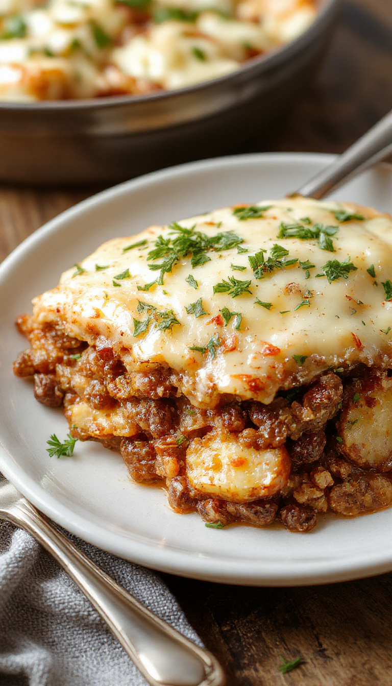 A comforting casserole dish featuring seasoned ground beef, sliced potatoes, and melted cheese topped with fresh herbs in a rustic baking dish.