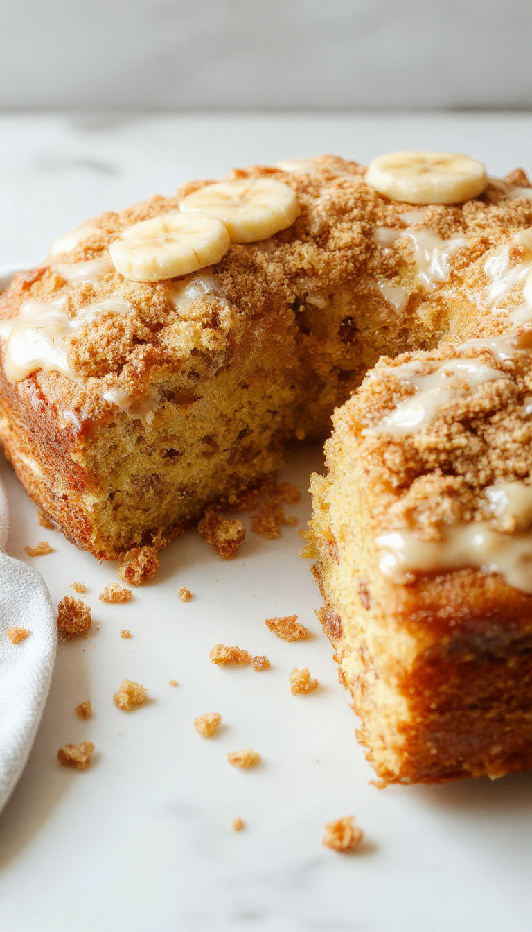 A slice of homemade banana crumb cake with a golden brown crumb topping, fresh banana slices, and a moist cake base on a rustic plate.