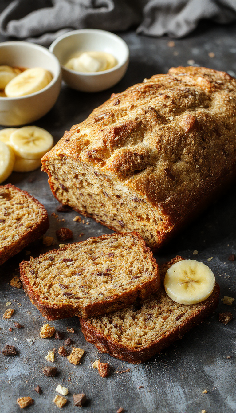 A sliced homemade cafe-style banana bread on a rustic wooden plate with a cup of coffee nearby