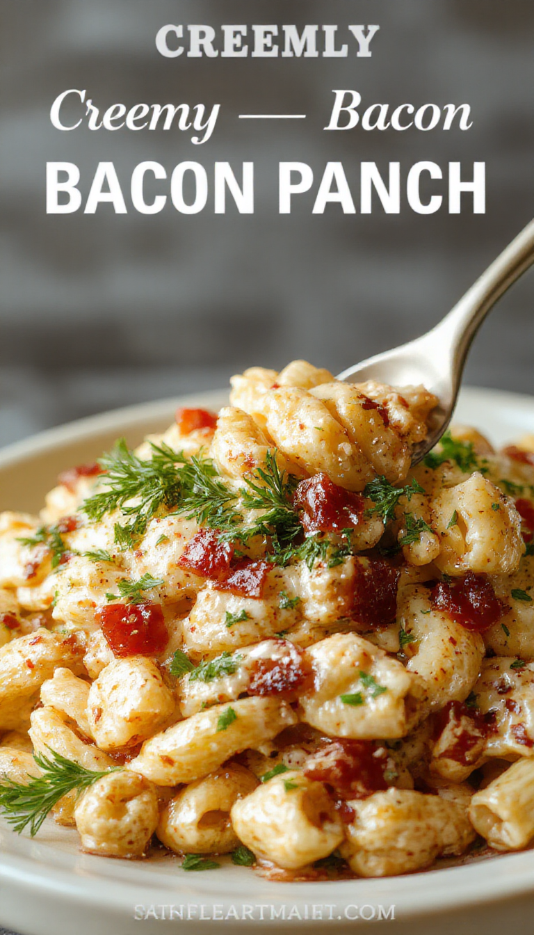 A plate of creamy chicken, crispy bacon, and pasta garnished with fresh herbs, served in a cozy bowl.