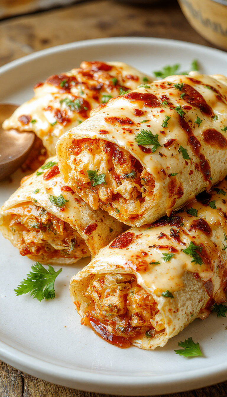 Close-up of delicious cheesy garlic chicken wraps filled with tender chicken, melted cheese, and fresh lettuce, wrapped in a soft tortilla.
