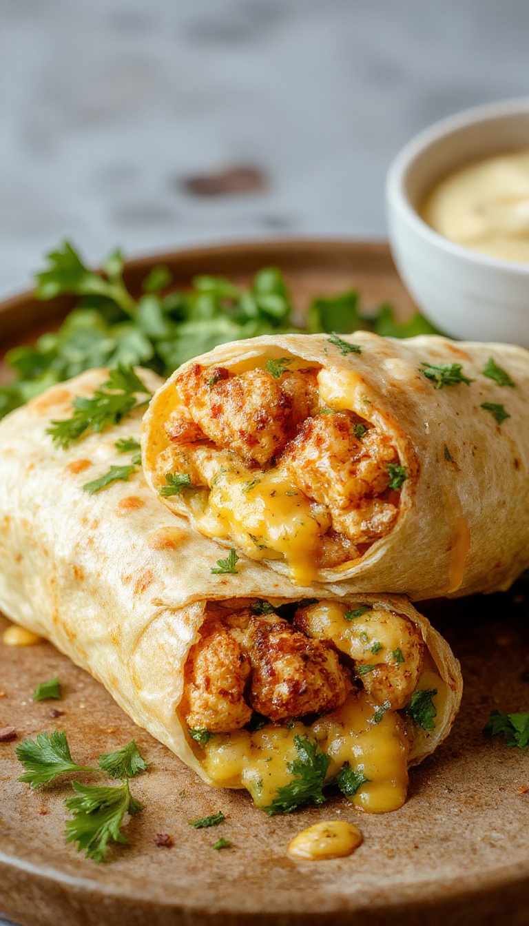 Delicious cheesy garlic chicken wraps with golden-brown crust, melted cheese, and fresh lettuce spilling out, served on a rustic plate.