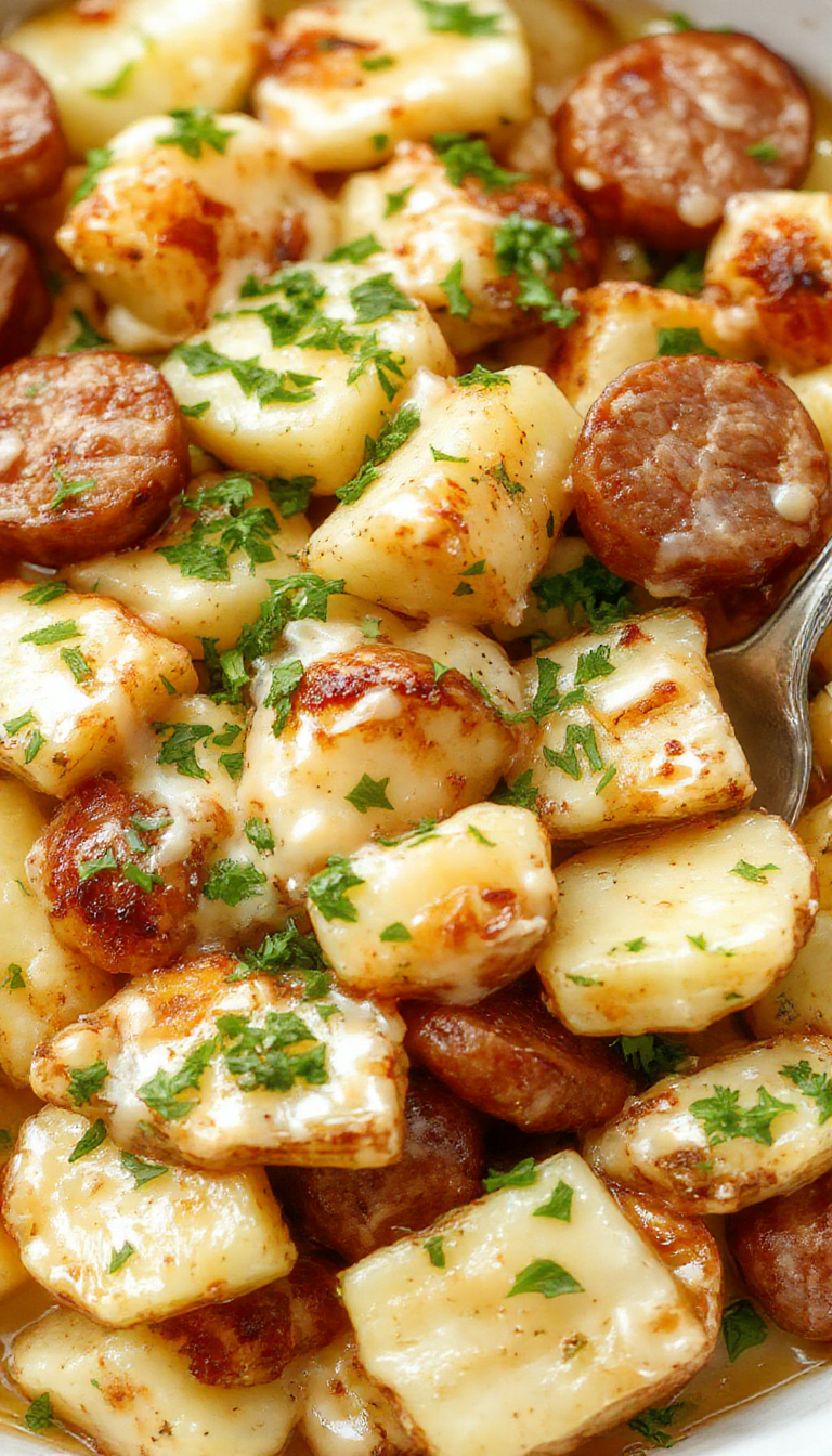 A plate of golden cheesy ranch potatoes topped with slices of smoked sausage and fresh herbs, served alongside a dipping sauce.