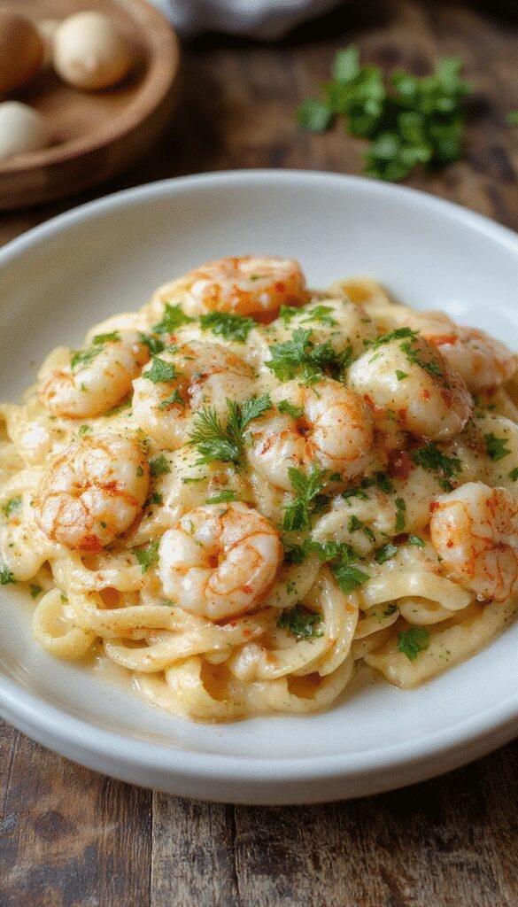 A plate of creamy garlic shrimp pasta garnished with fresh herbs and lemon wedges, showcasing tender shrimp and rich sauce in a beautifully styled dish.