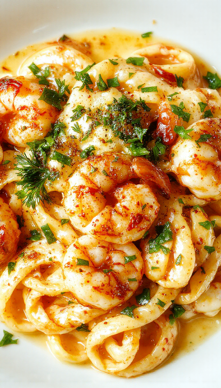 A vibrant plate of creamy garlic shrimp pasta garnished with fresh herbs and lemon slices, showcasing tender shrimp and silky pasta in a rich sauce.