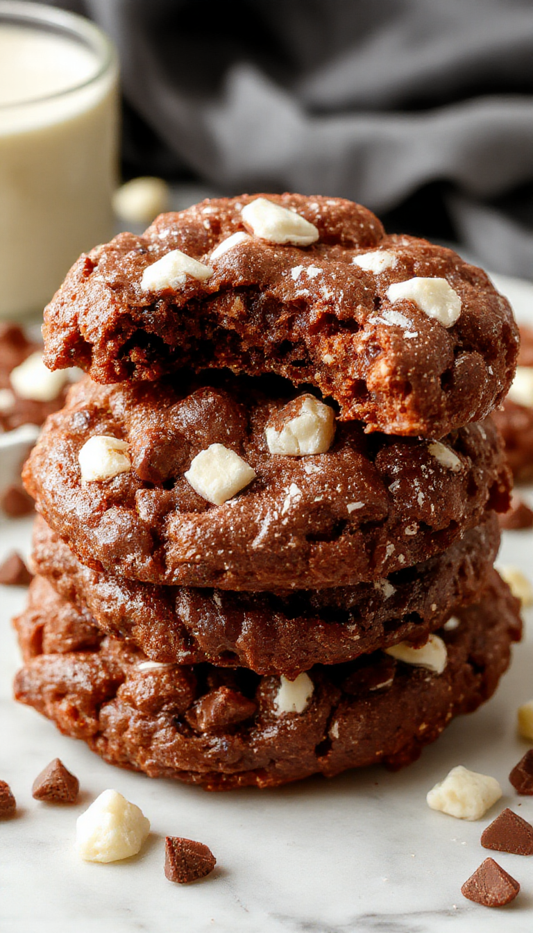 Close-up of fudgy, chewy browkies with a glossy chocolate top and a dense, moist interior on a rustic wooden plate.