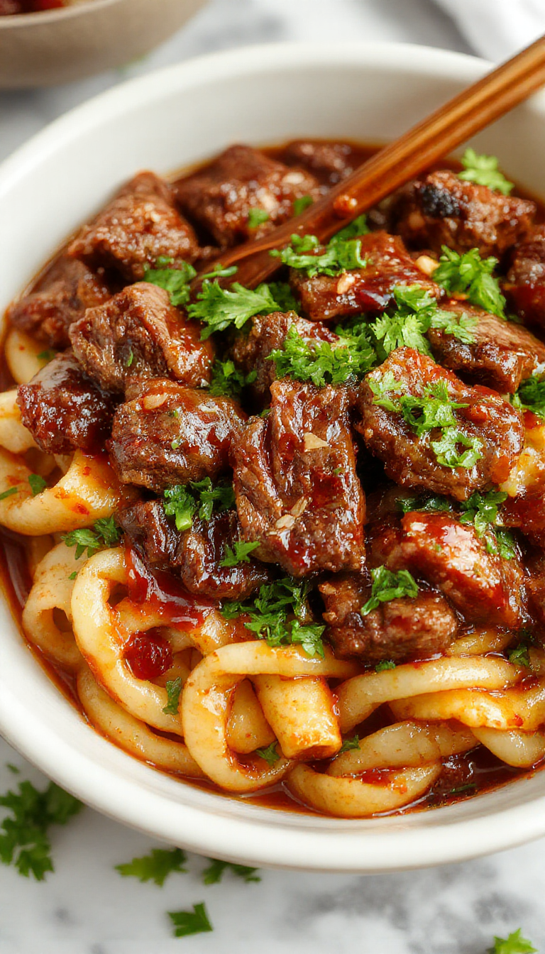A steaming bowl of glazed beef noodles garnished with chopped scallions and sesame seeds on a rustic wooden table.
