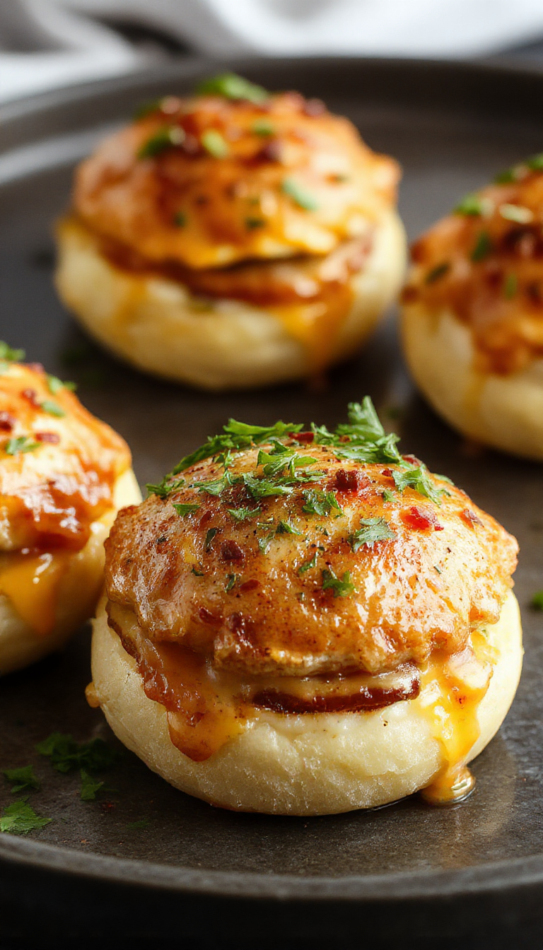 Plate of irresistible morning sliders featuring crispy bacon, scrambled eggs, and melted cheese on mini buns