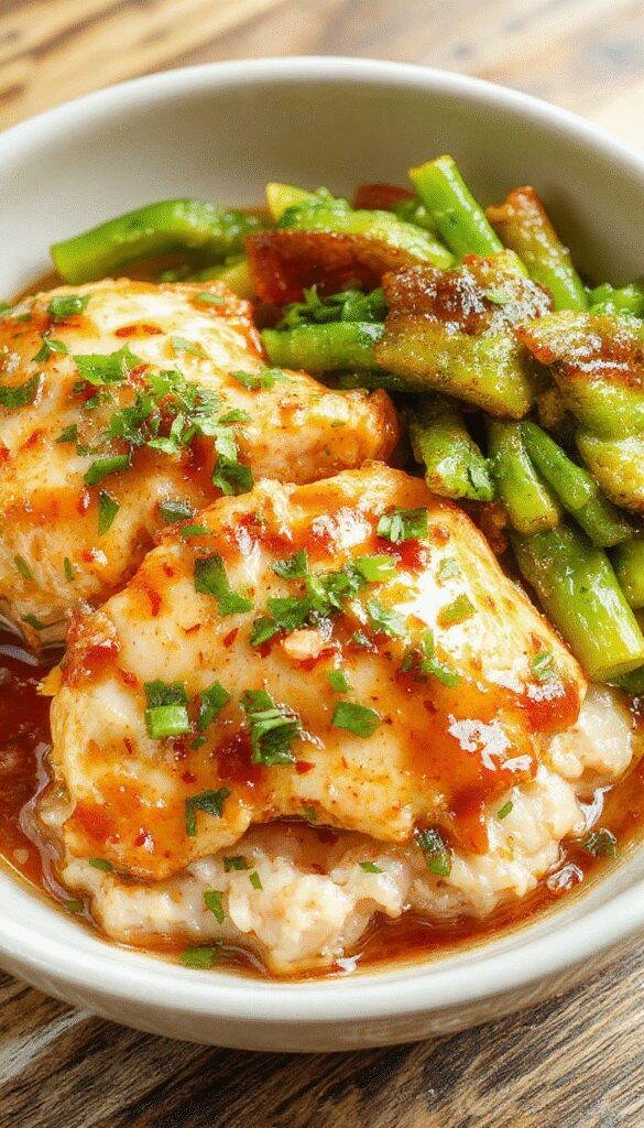 A plate of crispy, glazed sweet chili chicken garnished with fresh cilantro and sliced green onions, served alongside steamed vegetables.