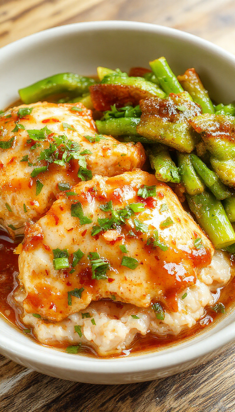 A plate of crispy, glazed sweet chili chicken garnished with fresh cilantro and sliced green onions, served alongside steamed vegetables.