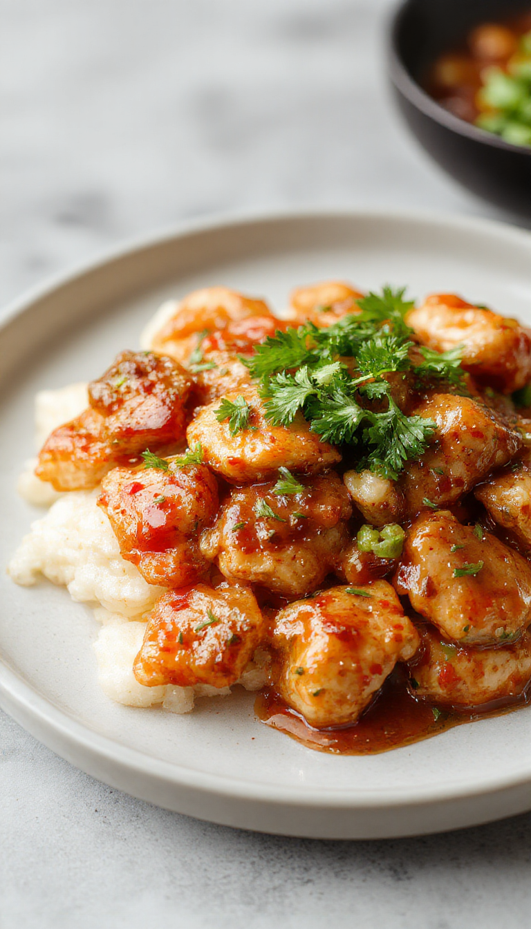 A plate of crispy sweet chili chicken garnished with fresh cilantro, served alongside colorful vegetables and steamed rice.