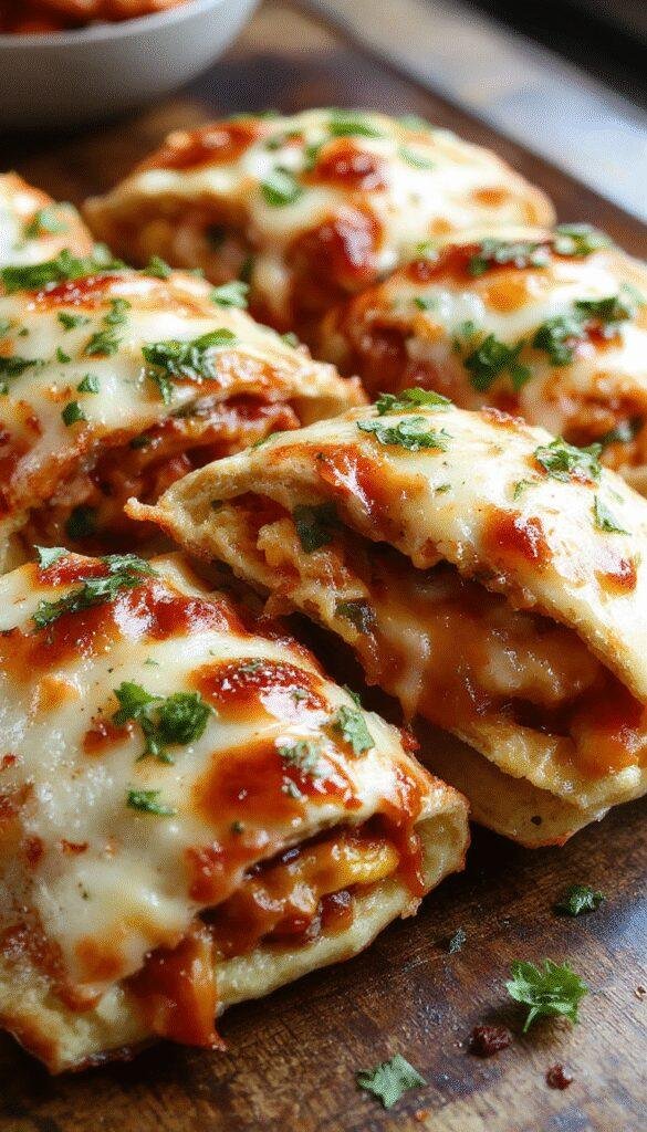 Close-up of homemade macro-friendly pizza pockets stuffed with colorful vegetables and melted cheese, placed on a rustic wooden surface.