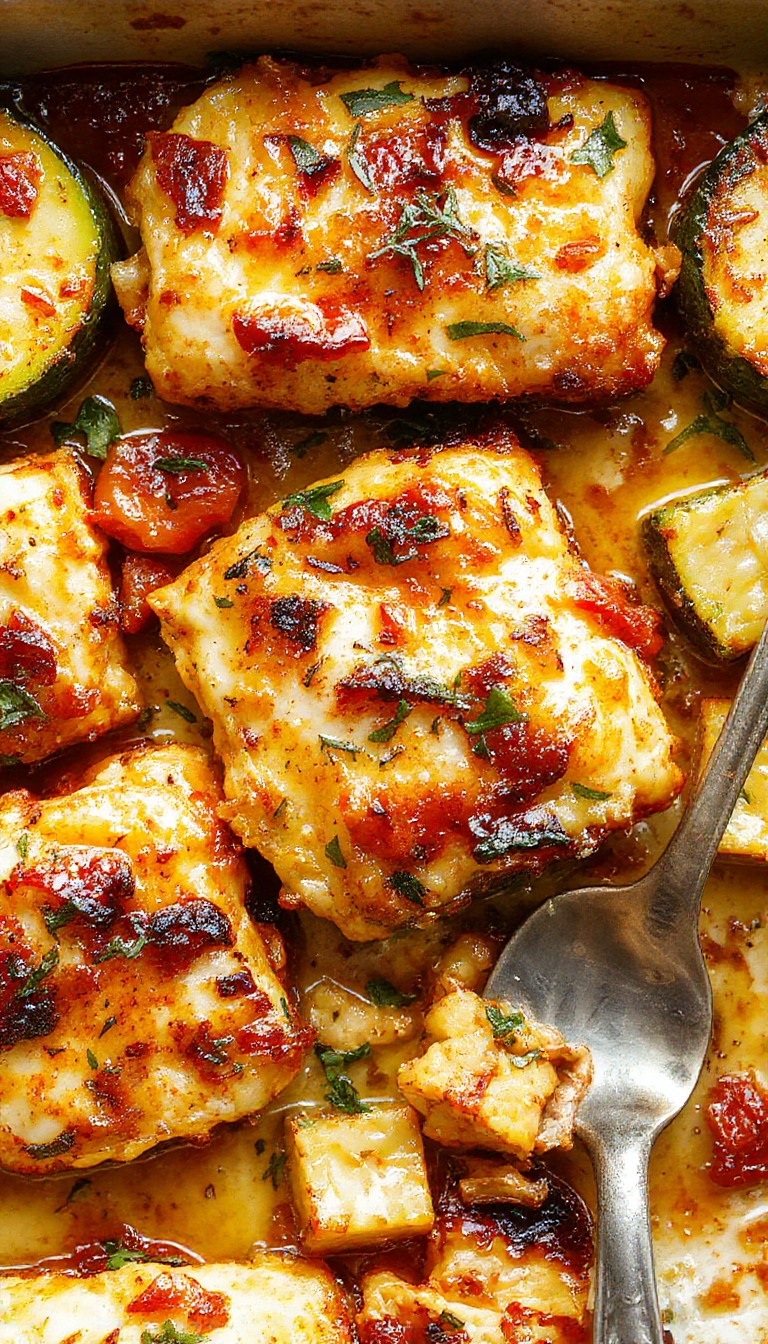 A colorful Mediterranean Chicken Zucchini Bake served in a baking dish, featuring juicy chicken pieces, sliced zucchini, cherry tomatoes, and fresh herbs.