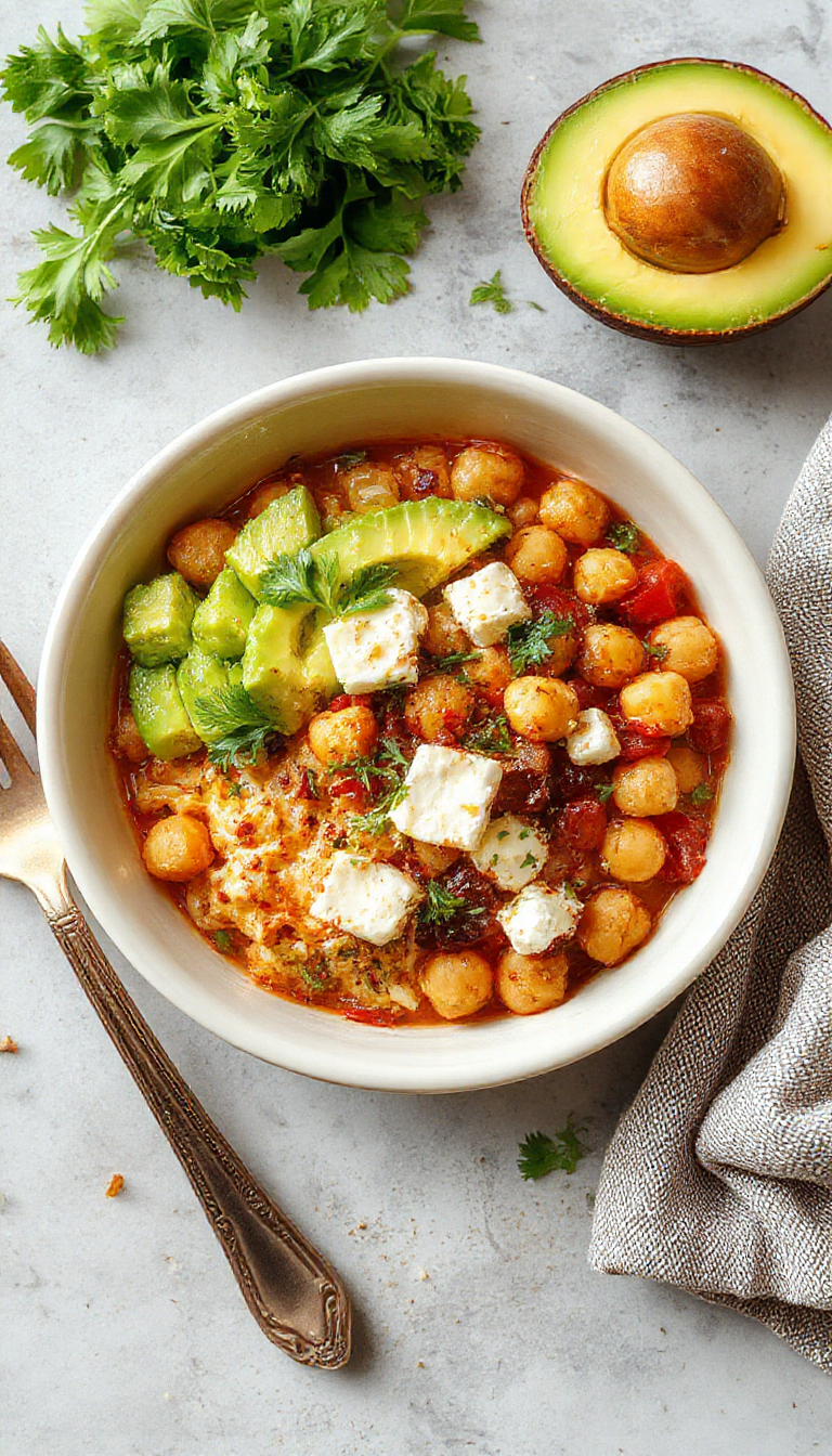 A vibrant Mediterranean Sunshine Bowl featuring chickpeas, crumbled feta cheese, sliced ripe avocado, cherry tomatoes, and fresh herbs drizzled with olive oil in a colorful bowl.