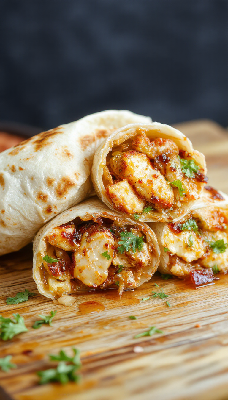 Juicy garlic chicken wraps with melted cheese, fresh lettuce, and tomato slices wrapped in warm tortillas, served on a rustic wooden table.