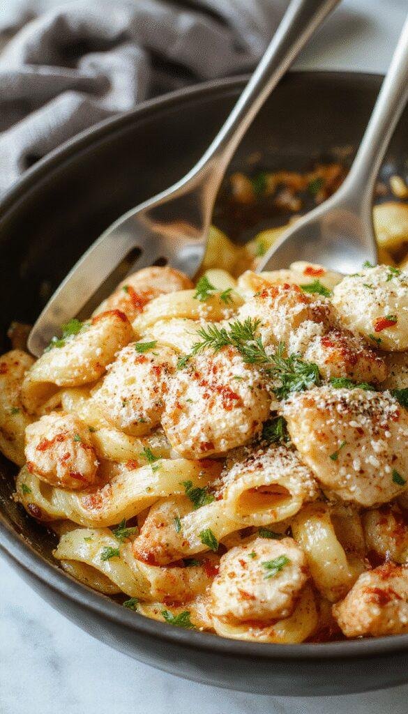 A plate of Parmesan Chicken Pasta Perfection featuring golden-brown breaded chicken atop creamy pasta, garnished with grated Parmesan and fresh herbs.