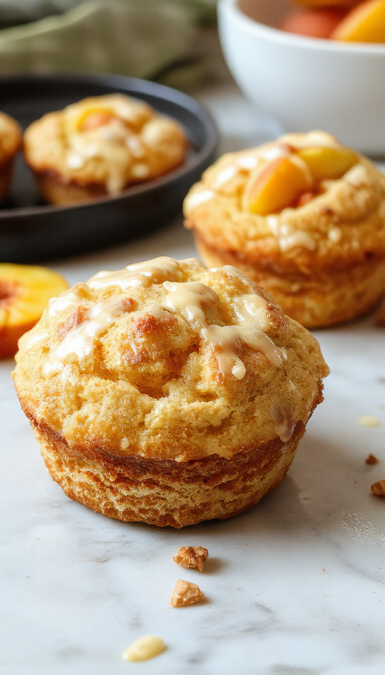 Golden brown Peach Pie Cruffins filled with juicy peach filling and a flaky, crumbly topping, served on a rustic wooden table.