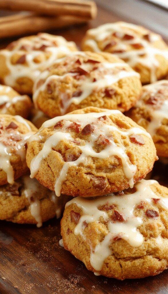 Close-up of soft, fluffy pumpkin spice cookies topped with a glossy cinnamon glaze, garnished with a sprinkle of cinnamon powder.