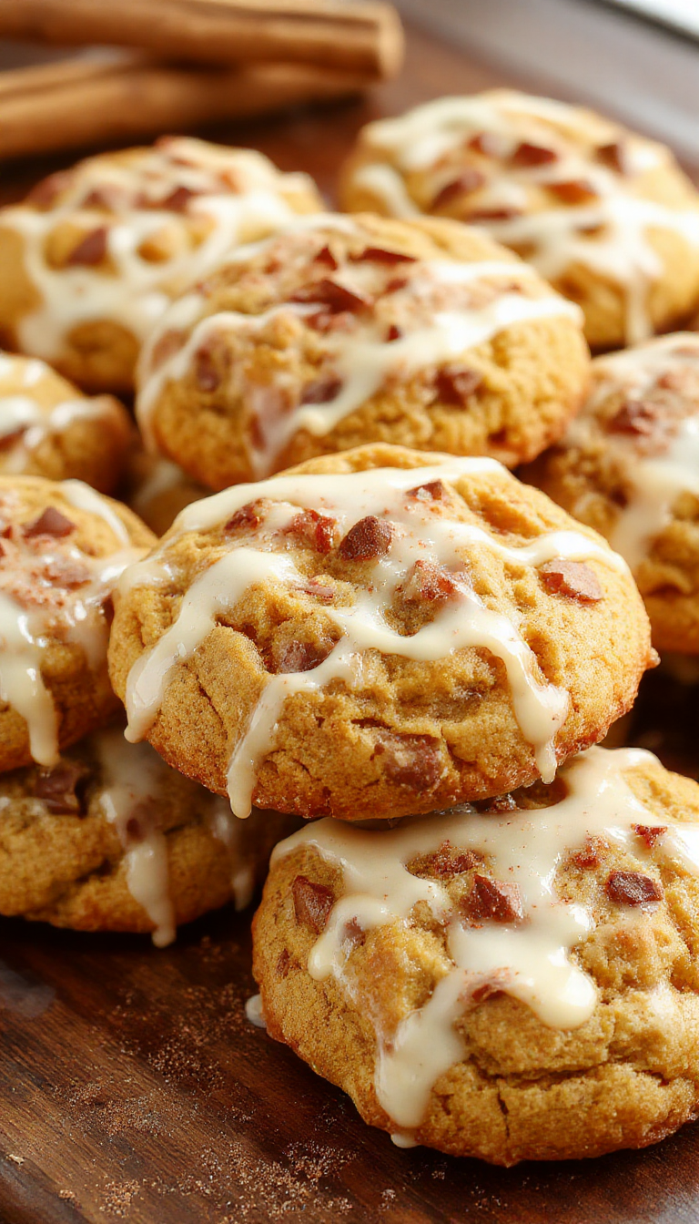 Close-up of soft, fluffy pumpkin spice cookies topped with a glossy cinnamon glaze, garnished with a sprinkle of cinnamon powder.