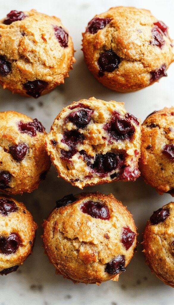 A batch of freshly baked blueberry yogurt muffins on a rustic wooden tray, showcasing golden tops dotted with blueberries.