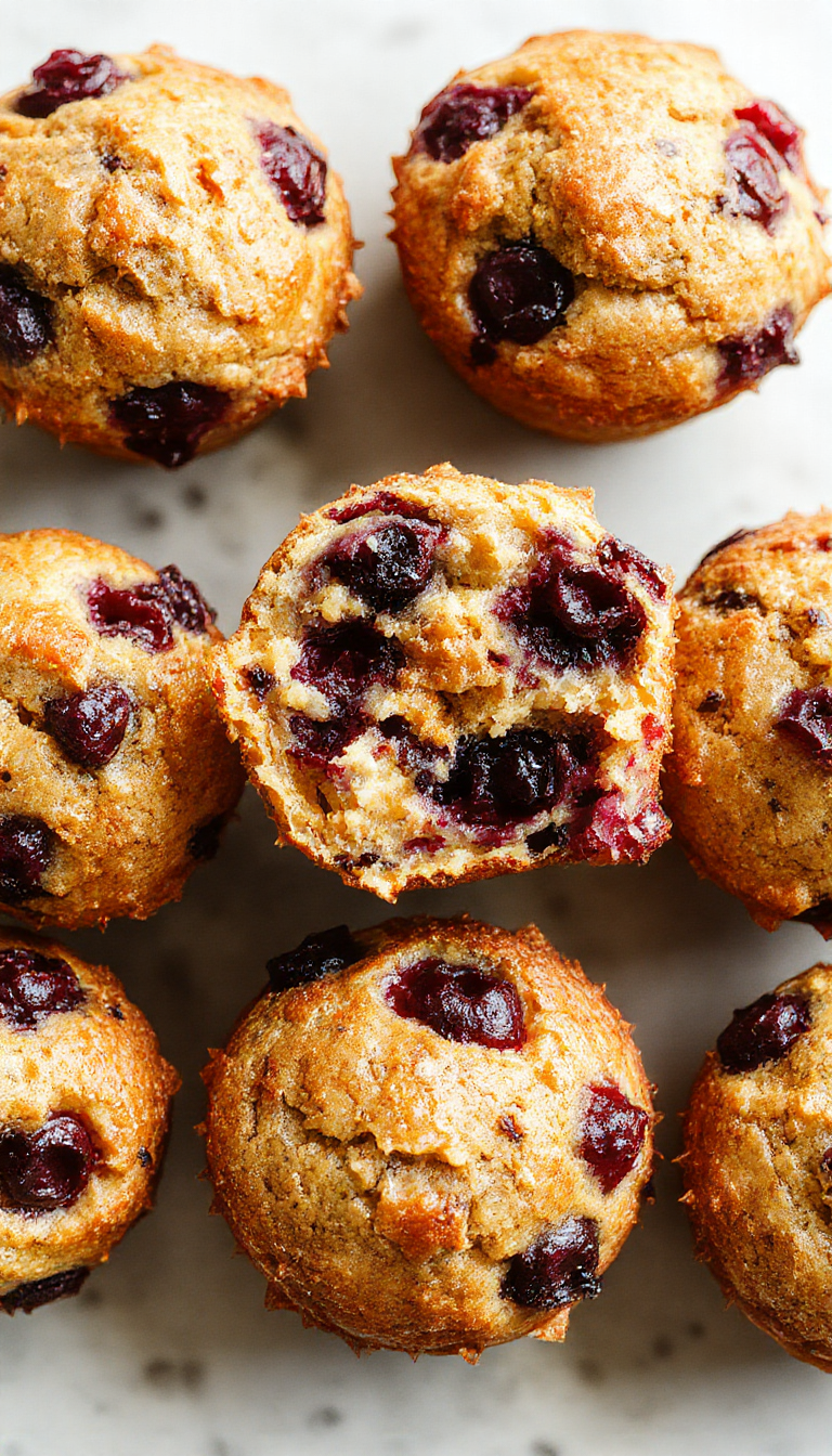 A batch of freshly baked blueberry yogurt muffins on a rustic wooden tray, showcasing golden tops dotted with blueberries.