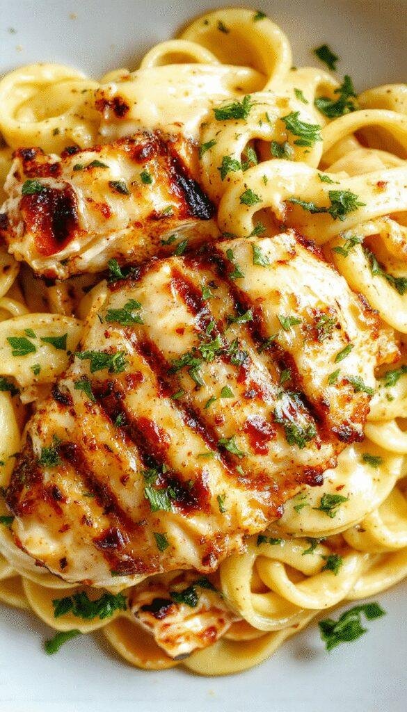A plate of Power-Packed Grilled Chicken Alfredo featuring tender grilled chicken slices over creamy Alfredo pasta, garnished with fresh herbs.