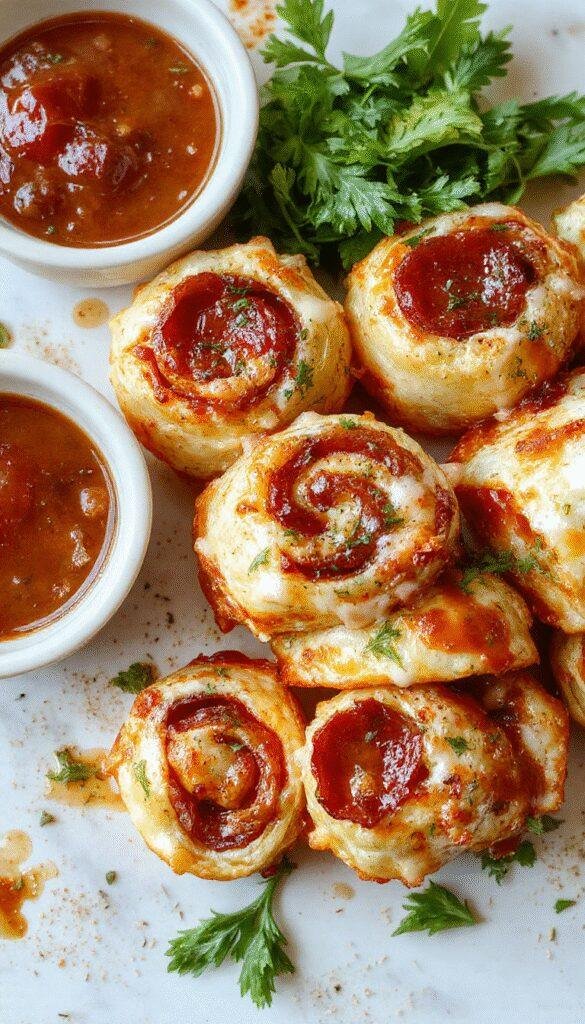 Close-up of Power-Packed Pepperoni Pizza Rolls with melted cheese and crispy edges on a rustic wooden platter.