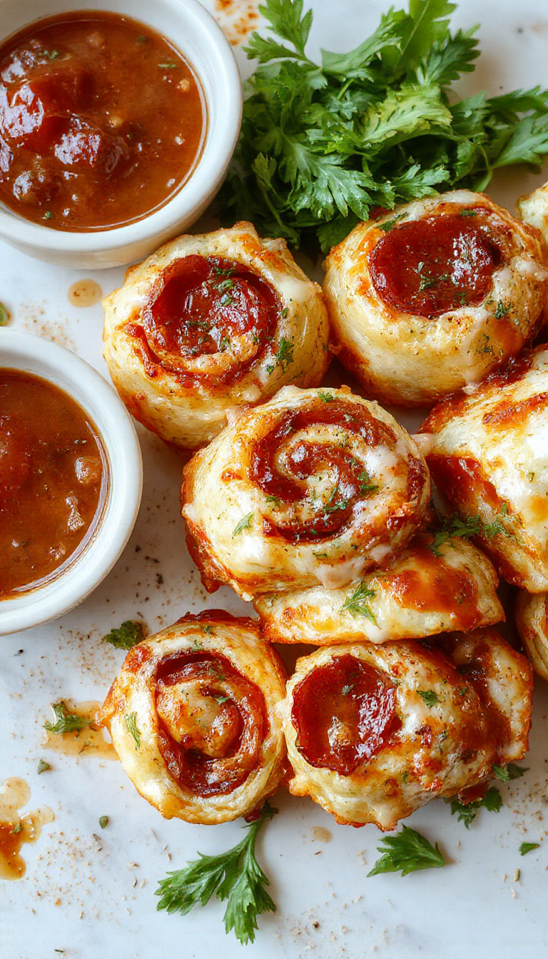 Close-up of Power-Packed Pepperoni Pizza Rolls with melted cheese and crispy edges on a rustic wooden platter.