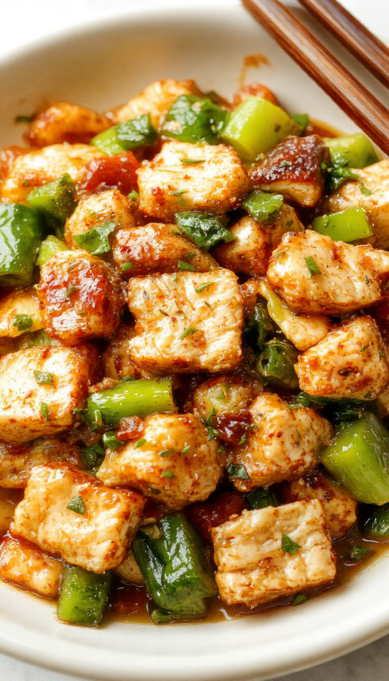 Colorful turkey and bell pepper stir-fry served in a wok, garnished with green onions ready to be enjoyed.