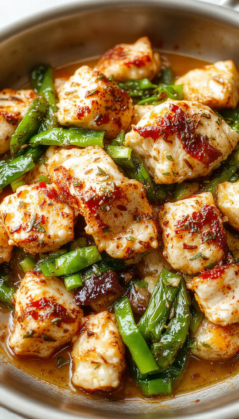 A vibrant skillet dish with sliced turkey, colorful bell peppers, and spices, served hot in a rustic pan.