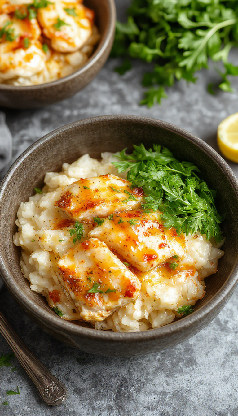A plate of golden honey mustard chicken served alongside fluffy white rice and fresh green vegetables, garnished with herbs.