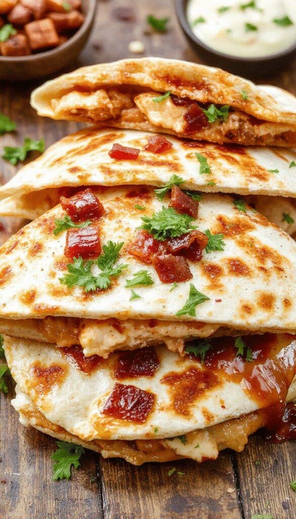 A plate of crispy quesadillas filled with tender chicken, crispy bacon, and melted cheese, served garnished with fresh herbs and veggie sides.