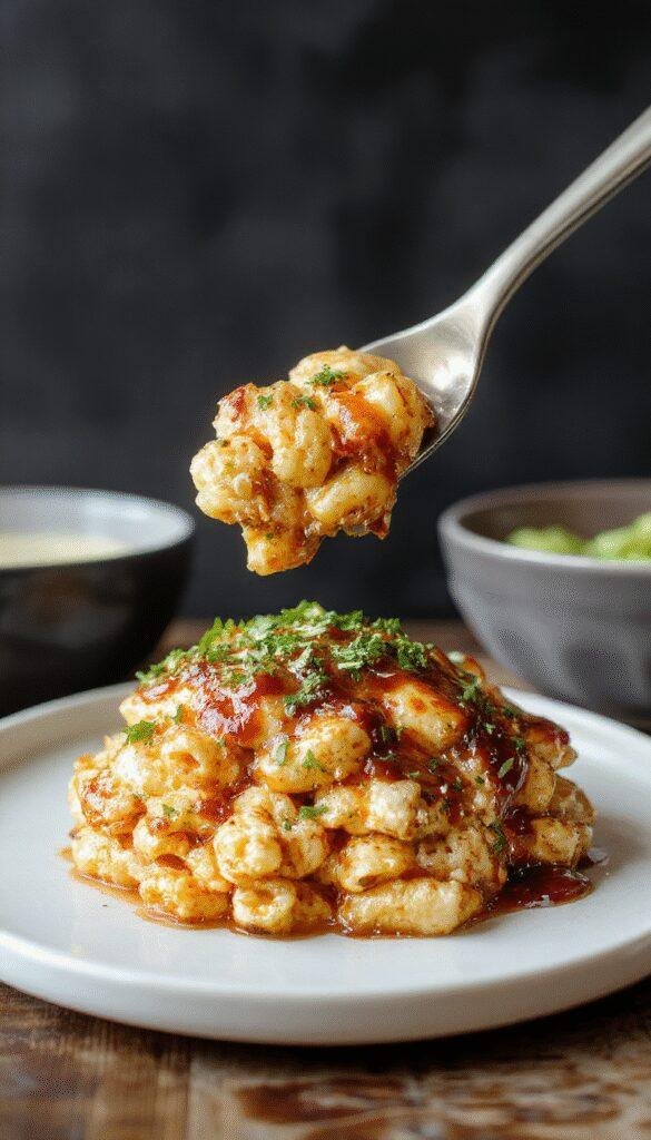 A comforting bowl of Savory Honey BBQ Chicken Mac & Cheese topped with chopped herbs and crispy chicken pieces.