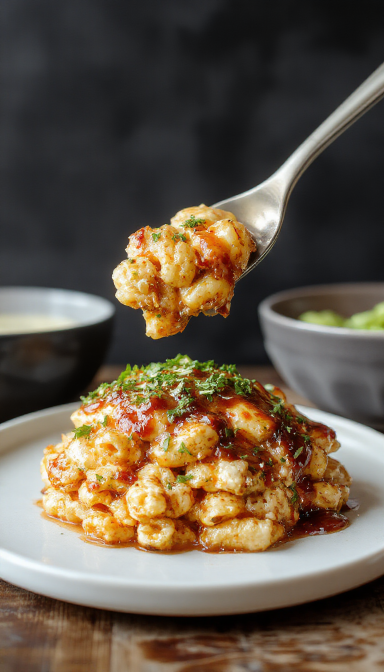 A comforting bowl of Savory Honey BBQ Chicken Mac & Cheese topped with chopped herbs and crispy chicken pieces.