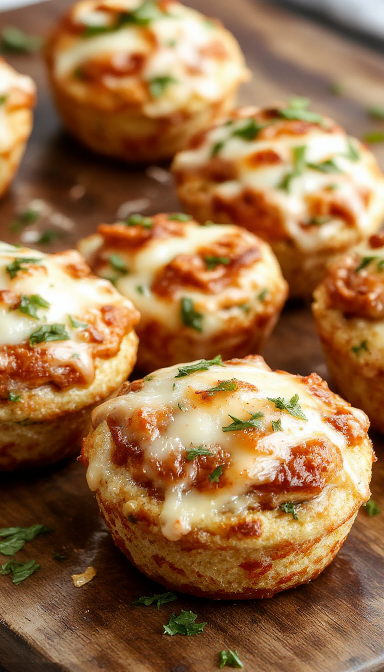 A tray of savory pizza cupcakes topped with melted cheese, pepperoni slices, and fresh herbs, showing their golden-brown crispy edges.