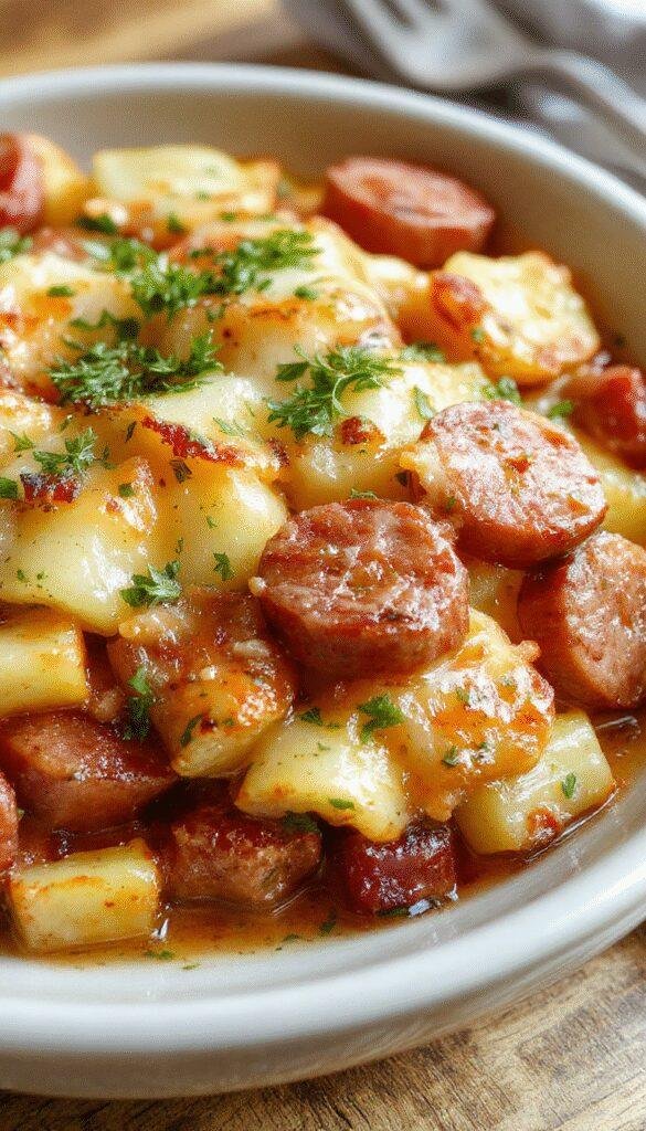A delicious savory bake featuring golden roasted potatoes, slices of smoked sausage, topped with fresh herbs and draped in creamy ranch sauce.