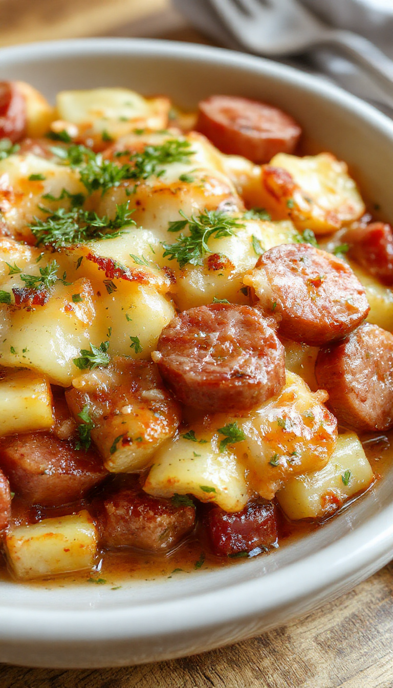 A delicious baked dish featuring golden roasted potatoes, slices of smoky sausage, and a creamy ranch sauce topped with fresh herbs.